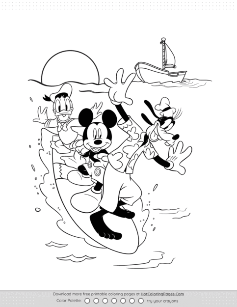 Mickey And Friends Surfboard Coloring Page